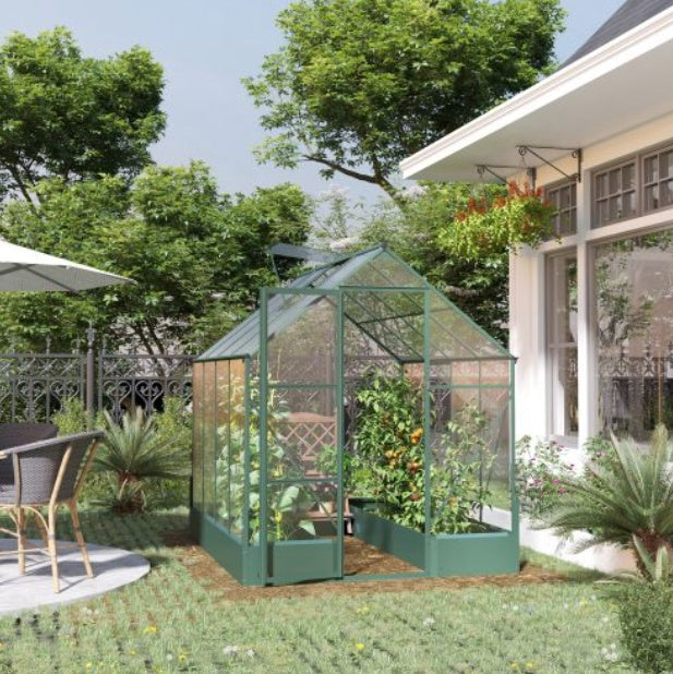 UK Local Outsunny 6x8 FT Polycarbonate Greenhouse With Base And Raised Bed, Walk-in Greenhouse With Aluminium Frame, Temperature Controlled Window, Foundation For Plants, Flowers, Vegetable