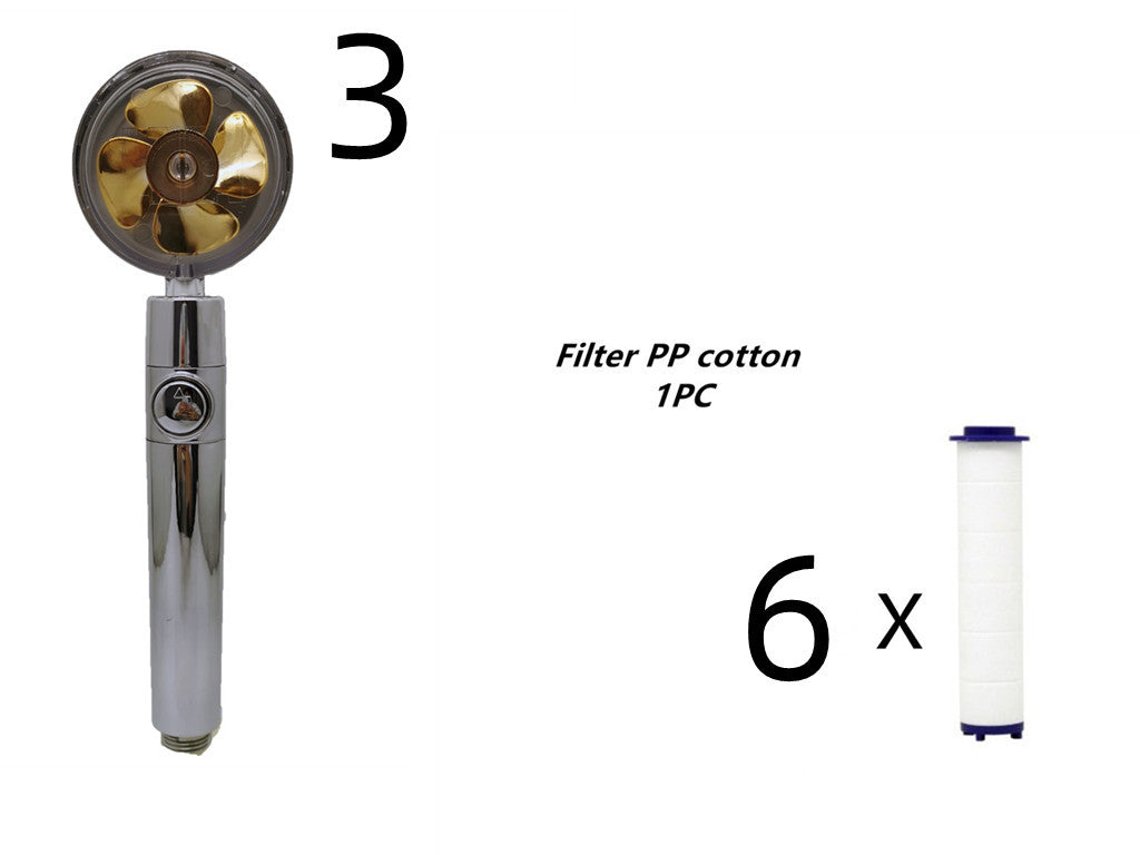 US Local Propeller Driven Shower Head With Stop Button And Cotton Filter Turbocharged High Pressure Handheld Shower Nozzle