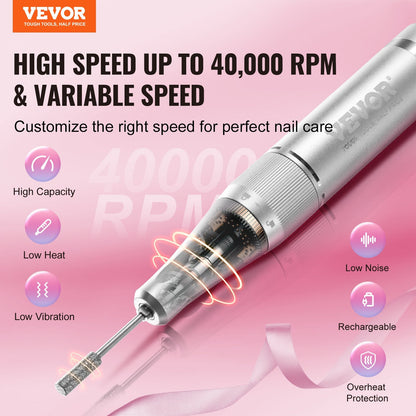 US Local VEVOR Electric Rechargeable Nail Drill, 40,000RPM Portable Cordless Nail E File Machine, LCD-Display Acrylic Gel Grinder Tool With 6 Bits And 50PCS Sanding Bands For Manicure Pedicure Carve Polish