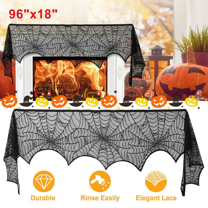 US Local Halloween Decoration Black Lace Spiderweb Fireplace Mantle Scarf Cover Festive Party Supplies Fireplace Scarf 96 X 18 Inch For Halloween Christmas Party Door Window Decoration