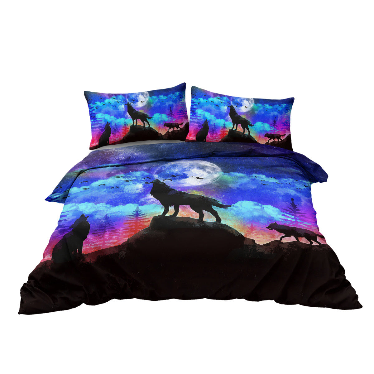 US & UK Local Moon Wolf Duvet Cover Set Single 3pcs Colorful Microfiber Kids Bedding Set