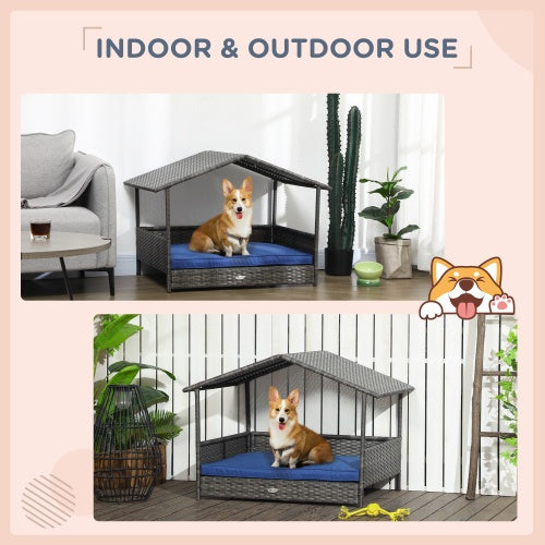US Local PawHut Wicker Dog House Outdoor With Canopy, Rattan Dog Bed With Water-resistant Cushion, For Small And Medium Dogs, Dark Blue