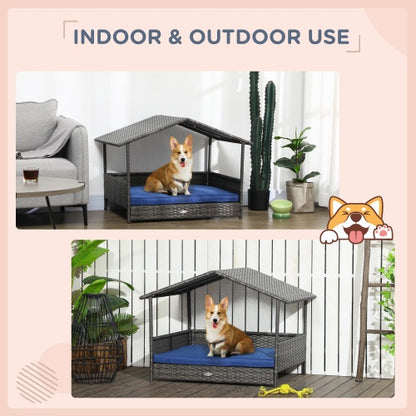 US Local PawHut Wicker Dog House Outdoor With Canopy, Rattan Dog Bed With Water-resistant Cushion, For Small And Medium Dogs, Dark Blue