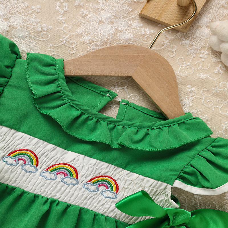 US Local Toddler Girl's Ruffle Sleeve Dress Rainbow Embroidery & Bow Detail With Back Button Closure