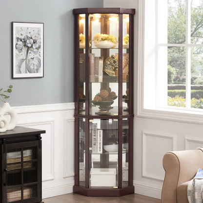 US Local Corner Lighted Curio Cabinet Corner Glass Cabinet Lighted Curio Cabinet Corner Display Case For Living Room, Curio Cabinet, Antique Collection, Wine,Bar Glass Storage Light Included,Dark Cherry