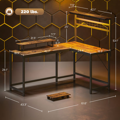US Local 61.6 L Shaped Gaming Desk With Power Outlets & LED Lights, Computer Desk With Monitor Stand And CPU Shelf, Rustic Brown