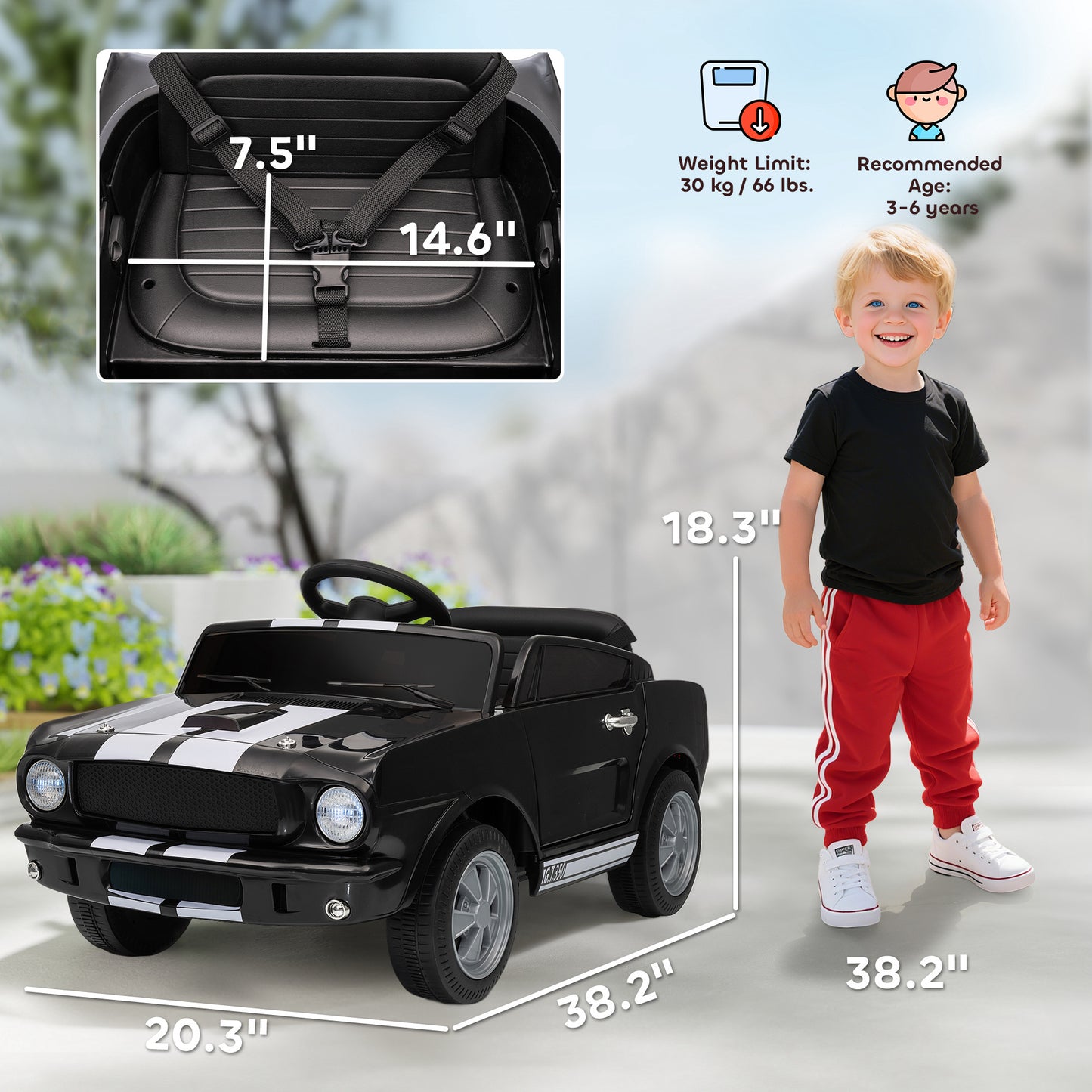 US Local Ride On Car With Remote Control, Adjustable Speed, MP3, Smooth Start, LED Lights, Black