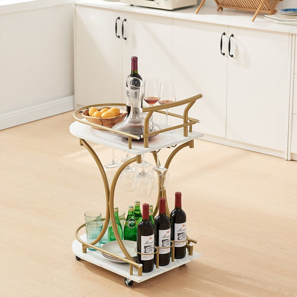 US Local 2-Tier Bar Cart,Gold Wine Cart With Wine Rack & Glass Holder,Mobile Bar Serving Cart,for Party,Home,Rolling Drink Trolley For Living Room