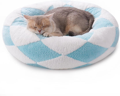 MEWOOFUN Donut Cat Bed For Indoor Cats - Round Washable Plush Pet Bed With Jacquard Shaggy Fabric & Non-Slip Bottom, Calming Small Dog Bed For Puppy & Kitten, 23 Inch Blue Check