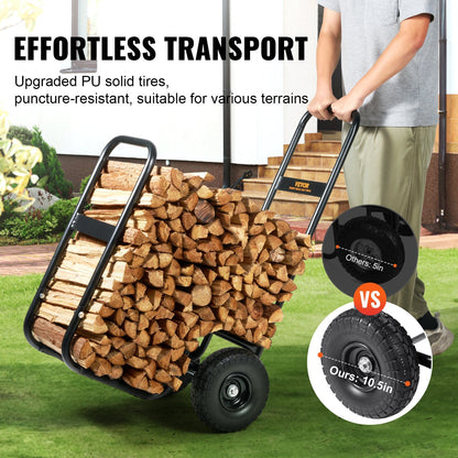 US Local Firewood Log Cart, 250 Lbs Capacity, Outdoor And Indoor Wood Rack Storage Mover With PU Wheels  Waterproof Cloth, Heavy Duty Steel Dolly Hauler, Firewood Carrier For Fireplace, Fire Pit, Black