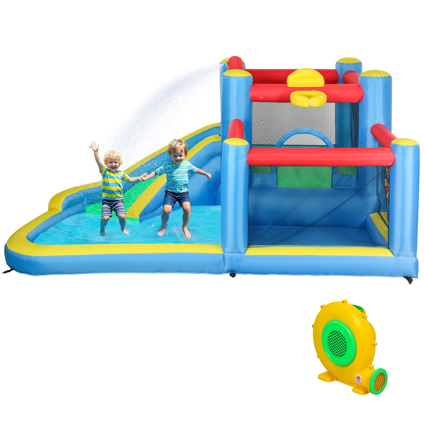 US Local Inflatable Water Slide Bounce House W 550W Blower, Large Trampoline, Splash Pool, Basketball Hoop, Dart Board
