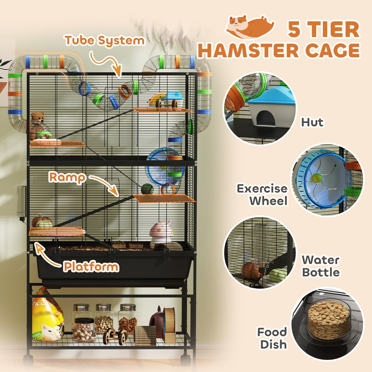 US Local 5 Tier Hamster Cage, Rolling Rat Cage With Deep Tray, Storage Shelf, Big Exercise Wheel, Hut, Tube System