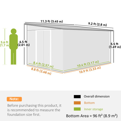 UK Local Outsunny Garden Metal Storage Shed Outdoor Metal Tool House With Double Sliding Doors And 2 Air Vents, 11.3x9.2ft, Green