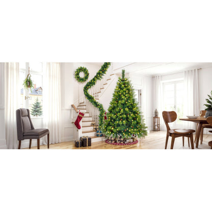 US Local 6FT Grass Green Christmas Tree, Large Branches Pine Tree, Pre-Lit Set With Tree  Garland & Wreath, Artificial Christmas With Pine Cones, Hinged Xmas Tree , For Holiday Party Ofiice Home