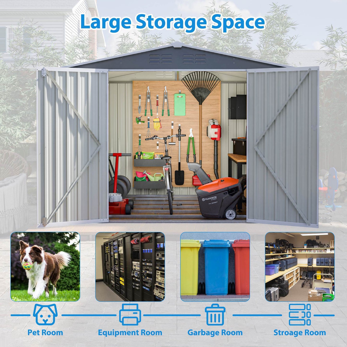 8 X 6 FT Outdoor Waterproof Garden Tool Storage Sheds With Metal Foundation With Floor Frame, Tool Shed With Lockable Hinged Doors & Air Vents, Storage House Waterproof For Backyard, Lawn, Gray