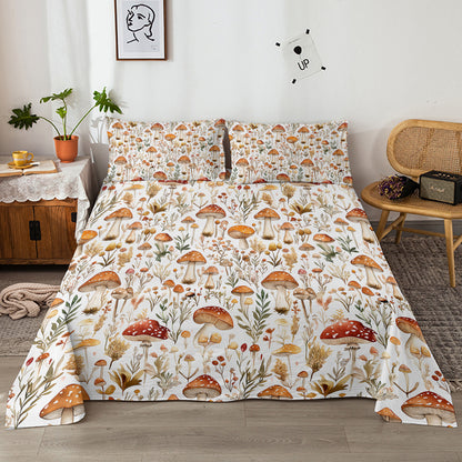 US Local 4 Pcs Of Forest Mushroom Natural Style Printed Series Beds, 1 Bedsheet, 1 Bed Sheet, And 2 Pillowcases Bedding, Suitable For All Seasons