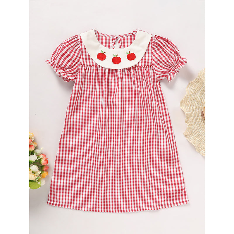 US Local Toddler Kids Girls Back To School Dress Smocked Collar Puff Sleeve Plaid Embroidered Print Dress
