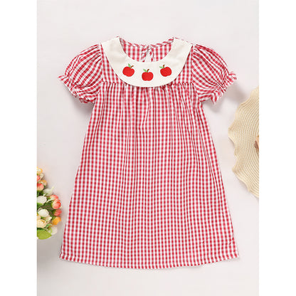 US Local Toddler Kids Girls Back To School Dress Smocked Collar Puff Sleeve Plaid Embroidered Print Dress