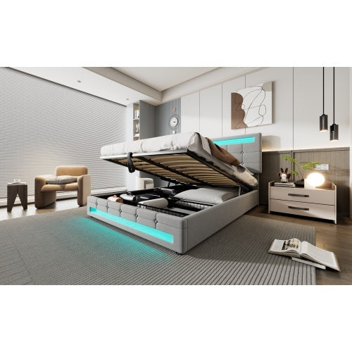 UK Local Upholstered Bed, Hydraulic Bed, Adults Teenagers 4ft6 Double Bed 135x190cm, Square Embellishment, With 7colors LED-light Strips, Velvet Iron, Grey
