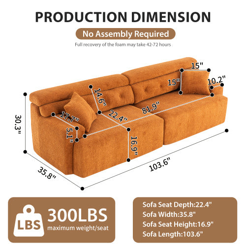 US Local LY-029 ORANGE COMPRESSION SOFA 4-seater Combined Sofa, Wood Grain Chenille Fabric, Full Sponge Compression Sofa,combined Sofa With 2 Pillows For Living  Home Furniture  Apartment