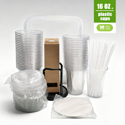 US Local 50 Pack 16oz Disposable Cups COMPLETE KIT With Lids  Straws Includes 15Quart Storage Bin, Glass Straws  Dispenser Rack  For Wedding, Catering, Party  Coffee Events
