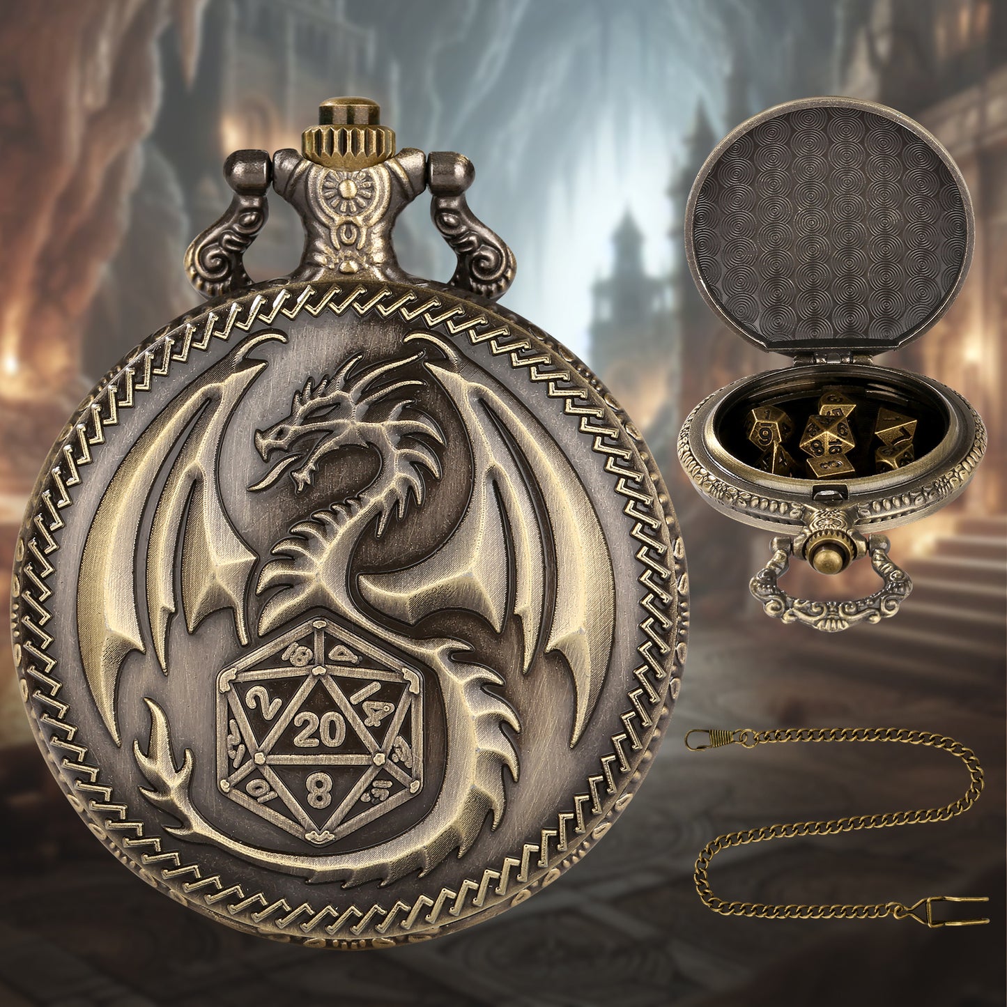 US Local Creative Thick Chain Pocket Watch Set, Equipped With 7 Mini DND Game Polyhedral Metal Dice Tabletop Role-playing Game Dice, Enhancing RPG Gaming Experience And Providing Players With Unique Gifts