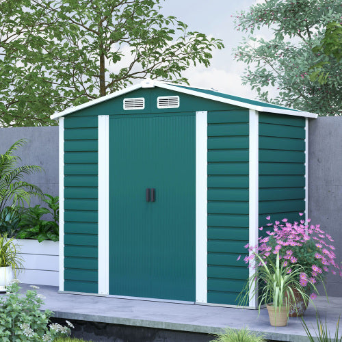 UK Local Outsunny 7 X 4ft Garden Shed, Easy To Assemble, Upgraded Galvanised Steel Frame With Foundation Kit, Double Doors With Lock, Outdoor Metal Shed With Vents And Gloves, Garden Storage Shed, Green