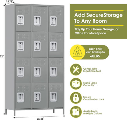 US Local Metal Lockers For Employees With 12 Door & Hooks,Metal Storage Locker With Lock For School Office Gym Bedroom Home,Assembly Required,12 Doors Light Grey