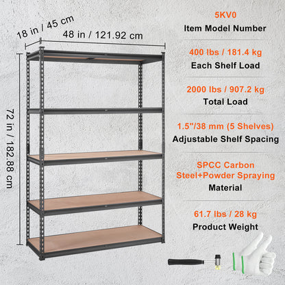 US Local VEVOR Storage Shelving Unit, 5-Tier Adjustable, 2000 Lbs Capacity, Heavy Duty Garage Shelves Metal Organizer Utility Rack, Black,  For Kitchen Pantry Basement Bathroom Laundry