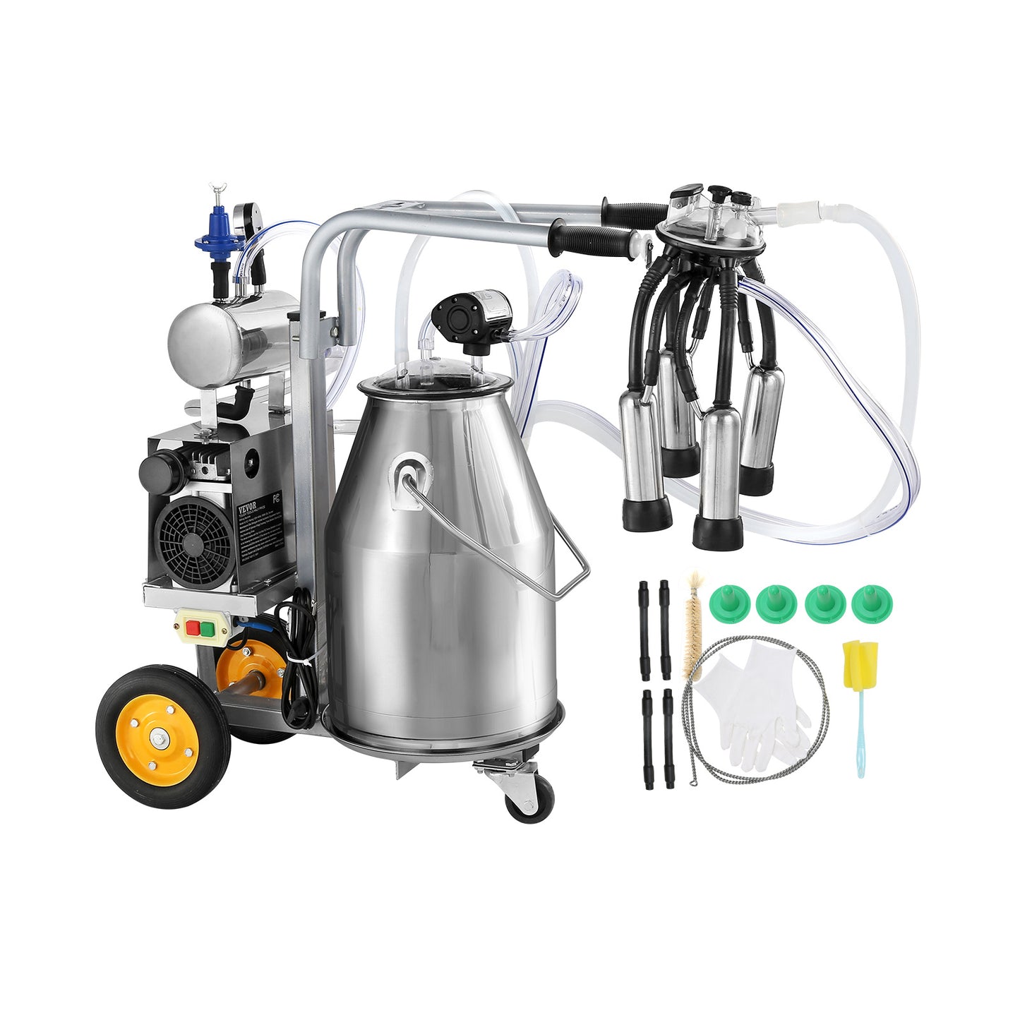 VEVOR Electric Cow Milking Machine, 6.6 Gal 25 L 304 Stainless Steel Bucket, Automatic Pulsation Vacuum Milker, Portable Milker With Food-grade Silicone Cups And Tubes, Adjustable Pressure