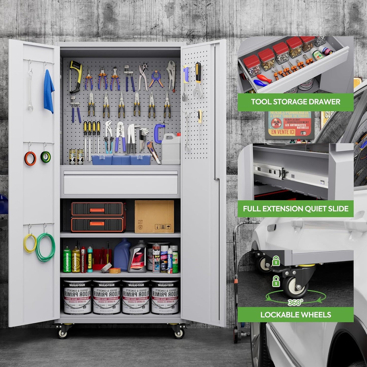 US Local Metal Garage Storage Cabinet With Wheels And Doors,Rolling Tool Cabinet With Pegboard,Rod And Drawer For Garage Warehouse Home,Required Assembly,Grey And White