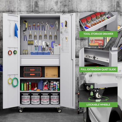 US Local Metal Garage Storage Cabinet With Wheels And Doors,Rolling Tool Cabinet With Pegboard,Rod And Drawer For Garage Warehouse Home,Required Assembly,Grey And White