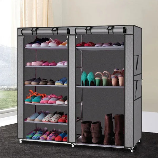 US Local Double Rows Home Shoe Rack Shelf Storage Closet Organizer Cabinet Portable Cover Grey