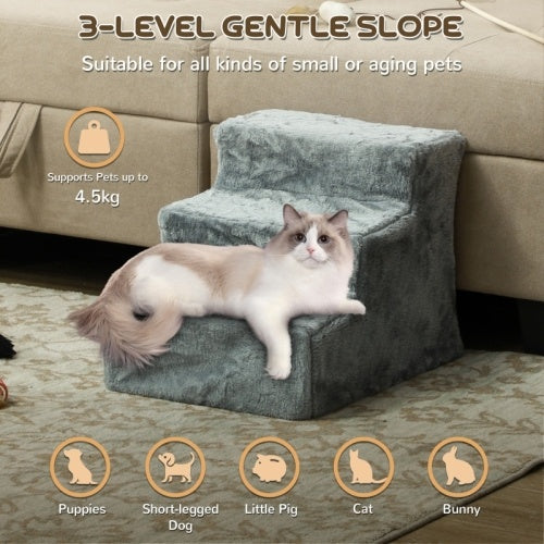UK Local PawHut Three-Step Dog Stairs, With Washable Plush Cover, For High Bed Sofa, Dog Stairs For Small Dog And Cat - Light Grey
