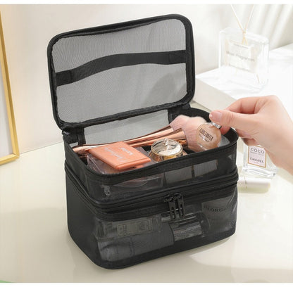 US Local 2pcs Double Layer Mesh Yarn Toiletry Bag Portable Travel Cosmetic Storage Bag In Black And Grey For Business Trips Large Capacity Travel Cosmetic Storage Bag