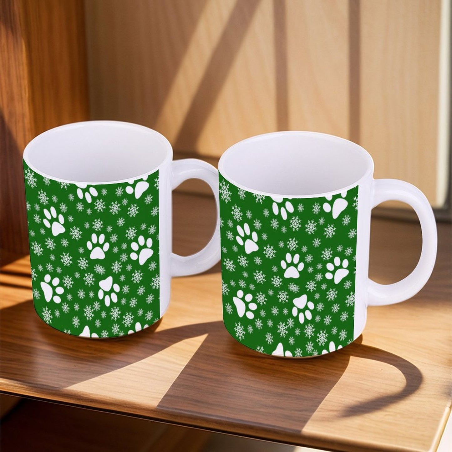 POD US Local White mug with full print, Christmas Snowflakes Cats Dogs Paws Green 0028