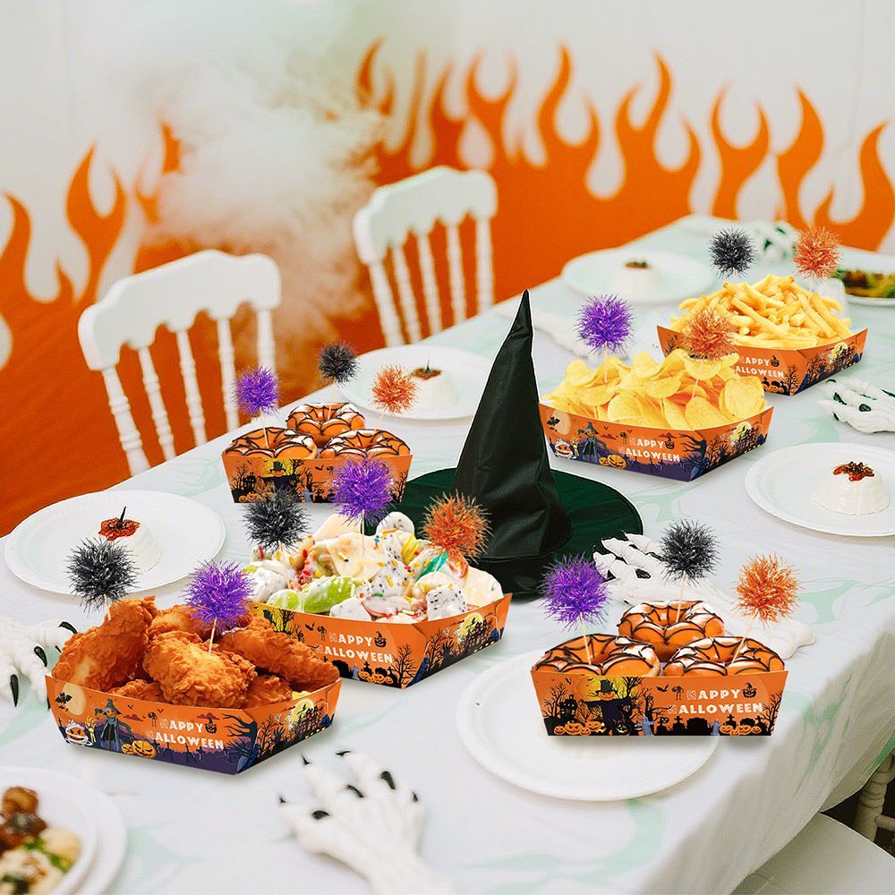 US Local 72 Pcs Halloween Party Supplies Halloween Disposable Paper Food Trays With 60 Pcs Firework Party Picks For Halloween Food Storage Charcuterie Board Serving