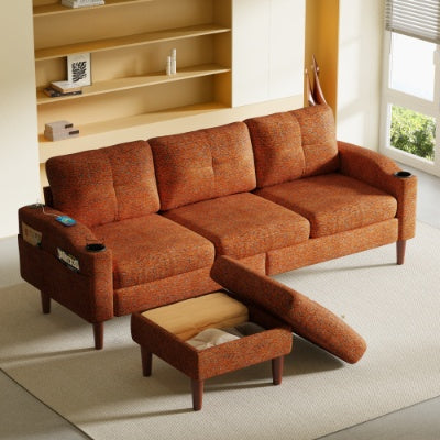 US Local Convertible Combination Sofa Sofa L Shaped Sofa With Footstools With Storage,Orange Sofa For Living Room, Living Room Bedroom Office Small Space 3 Seater Combination Sofa