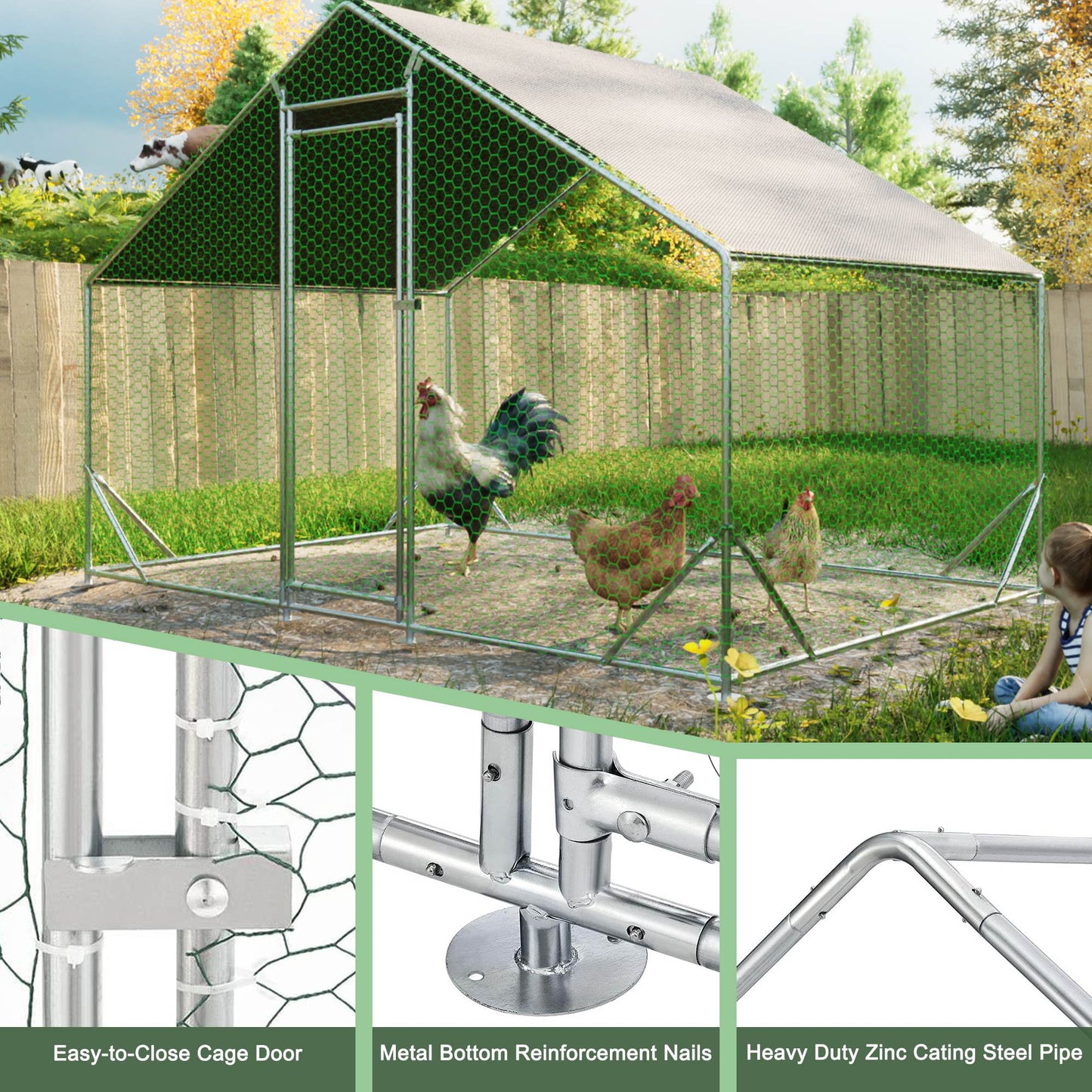 US Local Large Metal Chicken Coop, Walk-in Chicken Run, Galvanized Wire Poultry Chicken Hen Pen Cage, Rabbits Duck Cages With Waterproof And Anti-Ultraviolet Cover For Outside