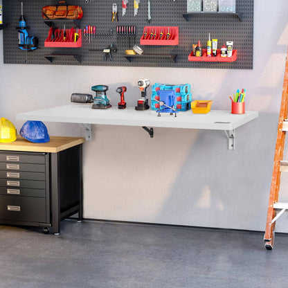 US Local VEVOR Wall Mounted Folding Table, Wall Mount Drop Leaf Table, Floating Desk With Iron Bracket, Fold Down Desk For Small Spaces, Home Office, Dining, Laundry Room, Kitchen, Bar, White