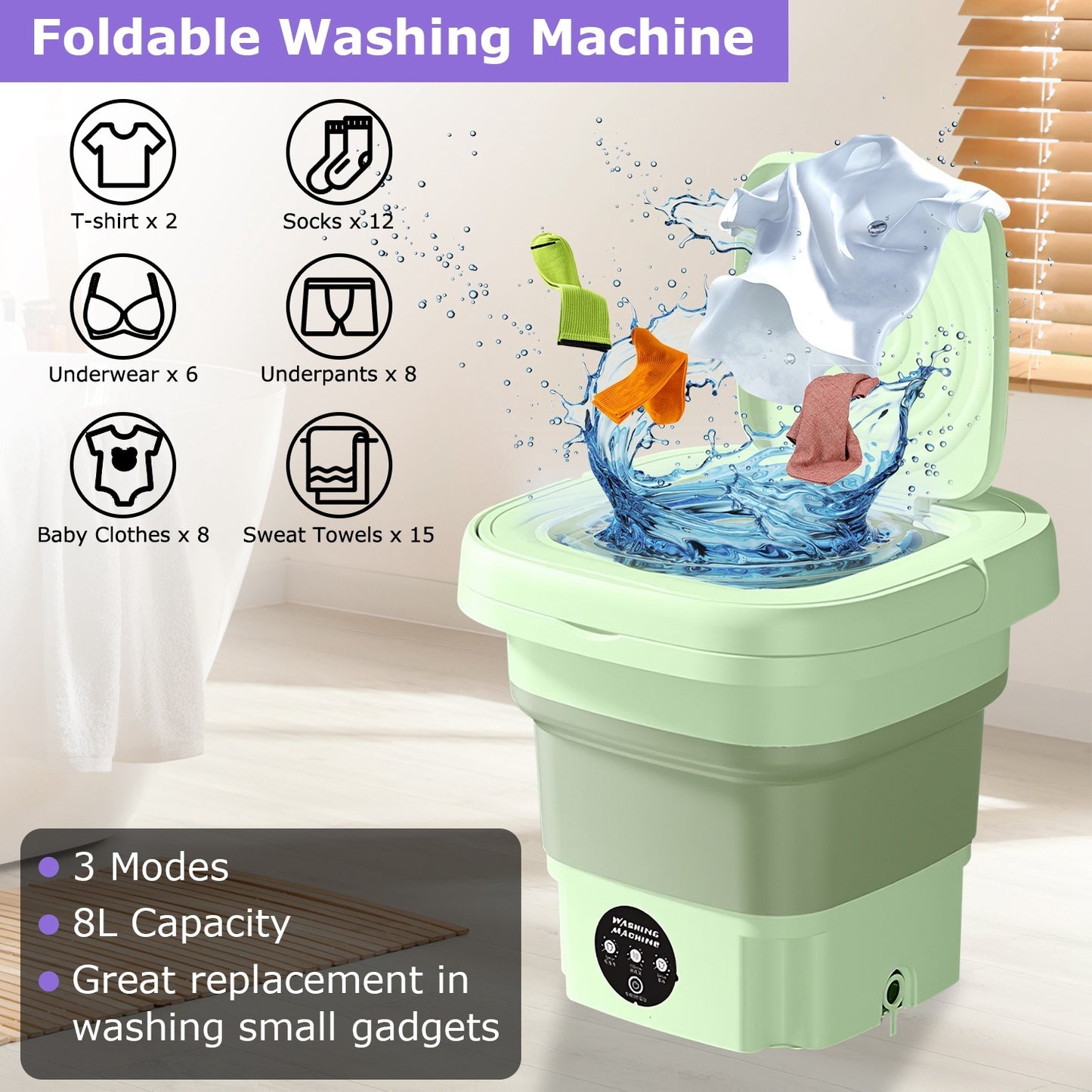 US Local 1Pc Portable Washing Machine Foldable Laundry Machine With Detachable Drain Basket 3 Modes Electric Clothes Washer For Underwear Socks Towels Baby Clothes
