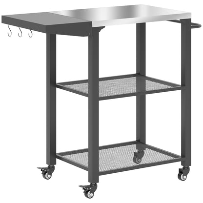 US Local Three-Shelf Outdoor Grill Cart Table With Foldable Side Table, Stainless Steel Top Pizza Oven Stand With Hooks, Silver