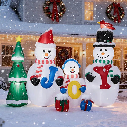 US Local 8FT Lighted Christmas Inflatable Decoration, Inflatable Snowman Family With JOY And Xmas Tree, Funny Blow Up Yard Decorations With Built-in LED Lights For Holiday Party Front Yard Lawn Garden Decor