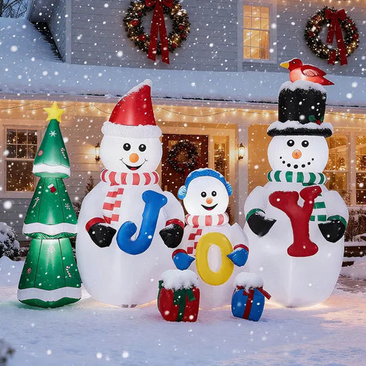 US Local 8FT Lighted Christmas Inflatable Decoration, Inflatable Snowman Family With JOY And Xmas Tree, Funny Blow Up Yard Decorations With Built-in LED Lights For Holiday Party Front Yard Lawn Garden Decor
