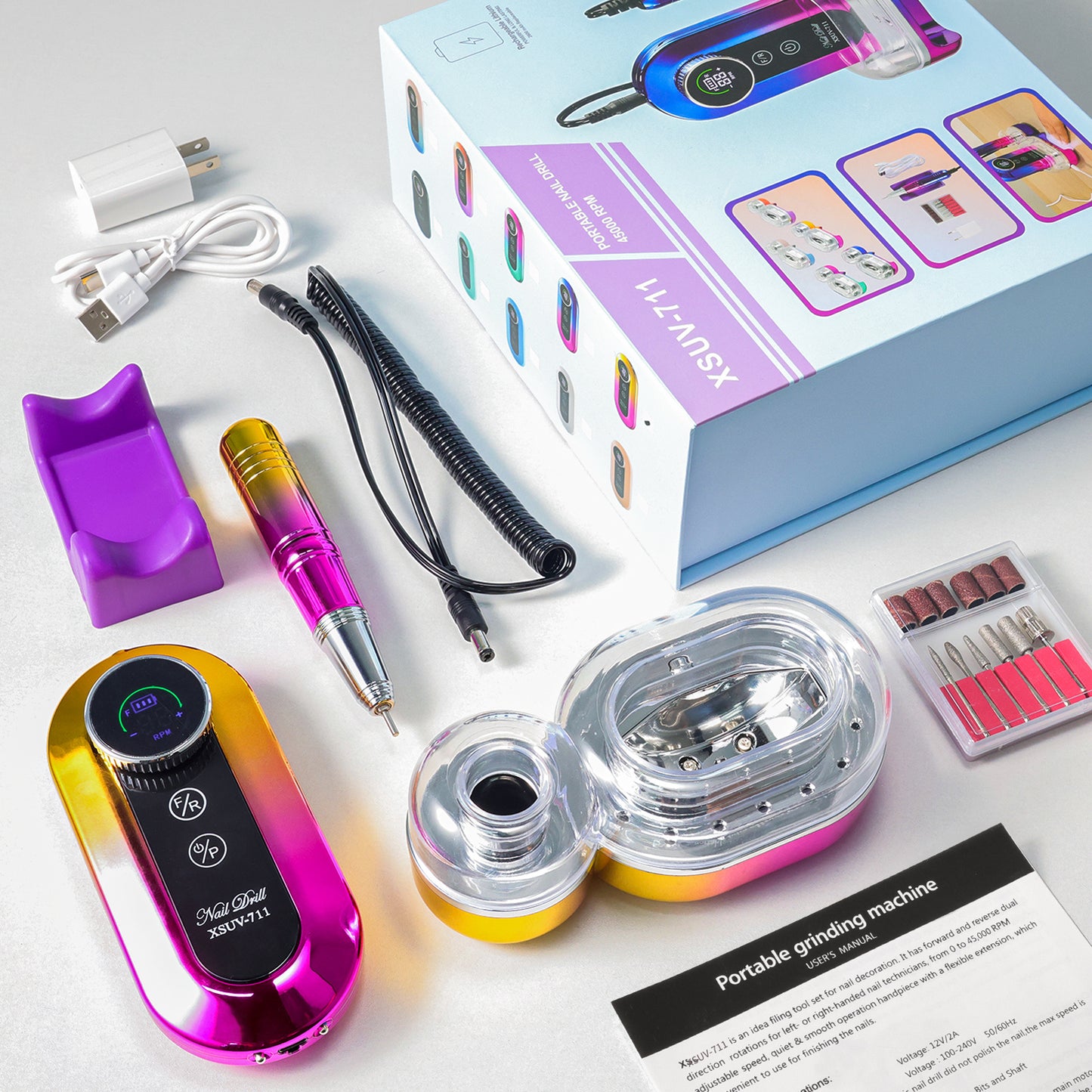 US Local 45000RPM Professional Nail Drill Kit, Nail Polishing Machine Includes Polishing Head And Drill Head, Basic Nail Tool Kit. Nail File Machine Kit Used For Removing Acrylic Gel Nails During Polishing, Be