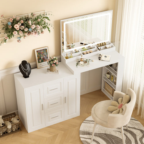US Local 59 Makeup Vanity Desk With Mirror, Vanity Mirror With Lights, Dressing Table With 3 Drawers And 2 Cabinets, Vanity Table With Storage Shelves For Bedroom, White