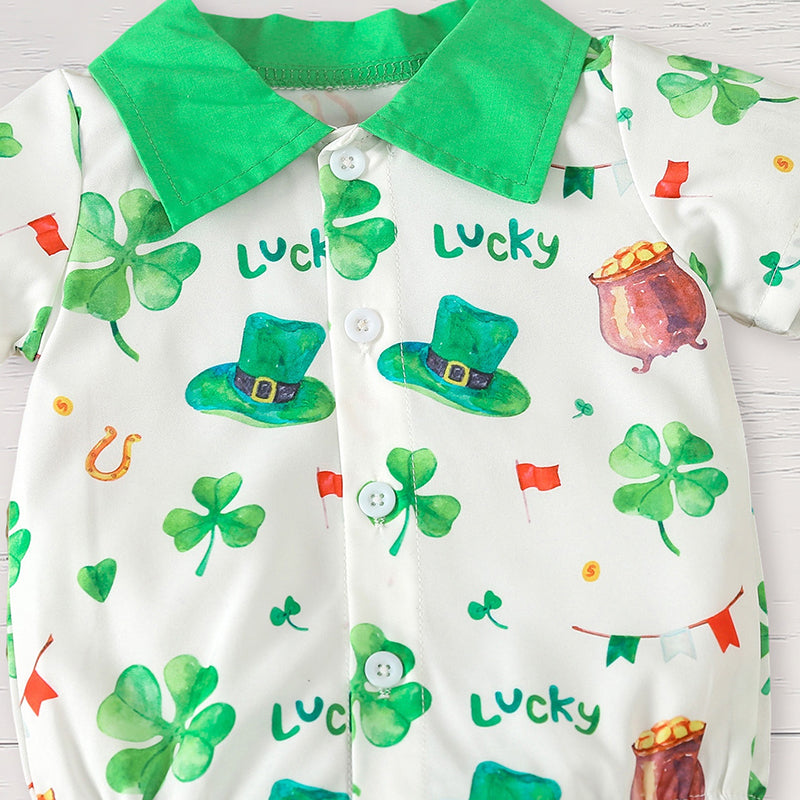US Local Newborn Baby Boy St. Patrick's Day Clothes Short Sleeve Clover Print Romper & Suspenders Pant 2Pcs Casual Clothes Set