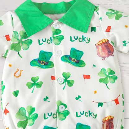 US Local Newborn Baby Boy St. Patrick's Day Clothes Short Sleeve Clover Print Romper & Suspenders Pant 2Pcs Casual Clothes Set