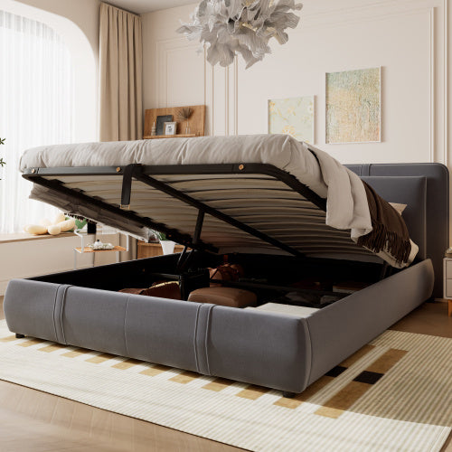 UK Local Upholstered Bed, Hydraulic Bed With Storage Function, 4ft6 Double Bed 135x190cm, Durable And Sturdy, Removable Soft Headboard Backrest, Velvet  Plywood, Grey