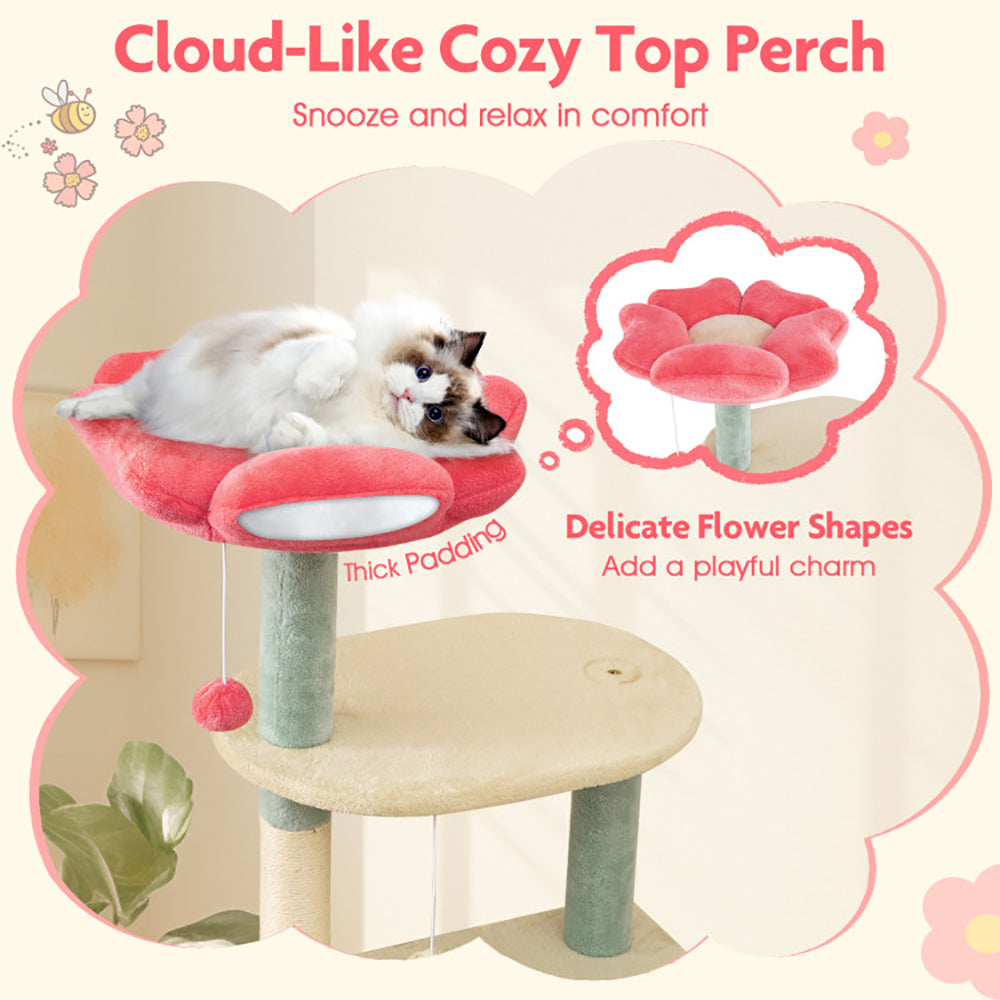 US Local 61 Inch Multi-Level Aesthetic Floral Kitten Tower With Flower-Shaped Padded Perch